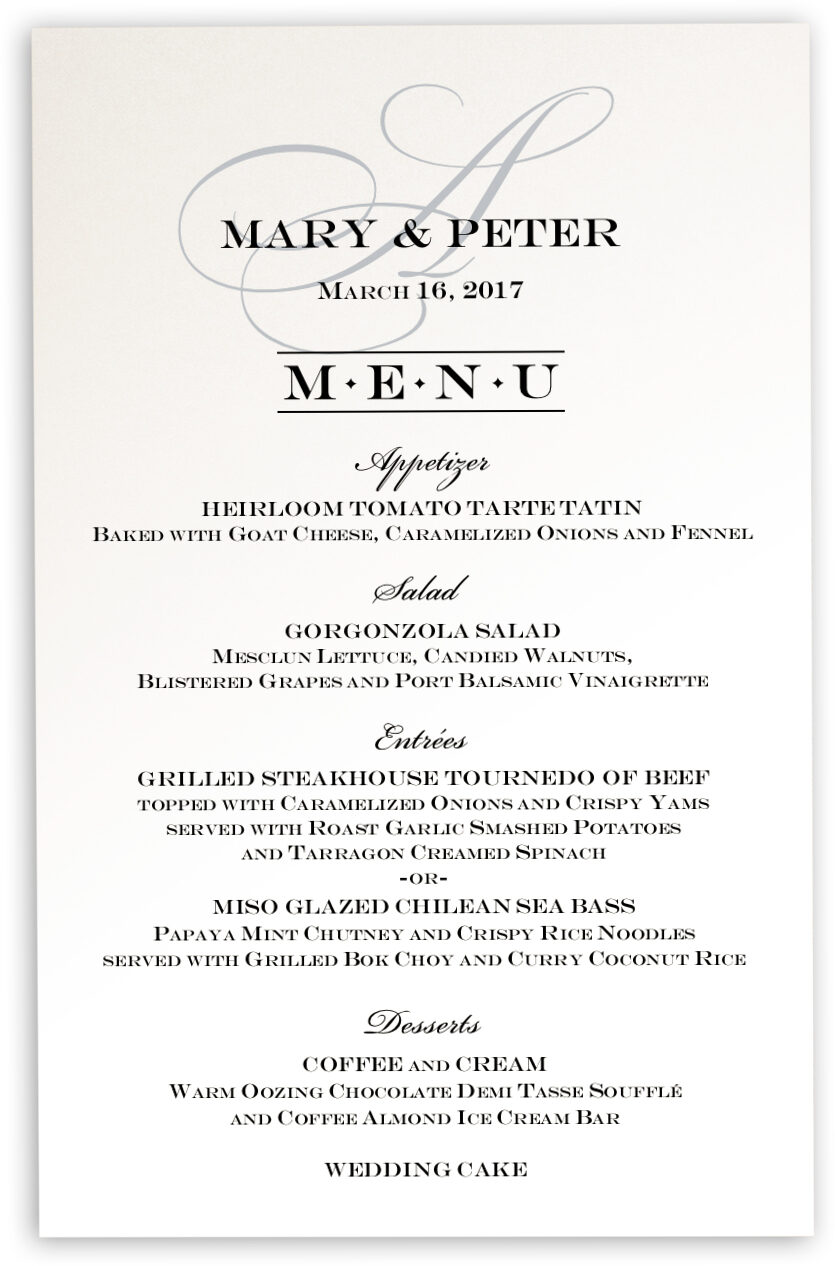 Bickham Watermark Monogram Wedding Reception Menu Cards and Custom Menu